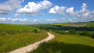 Rolling, green English countryside with a chalk footpath winding off into the distance