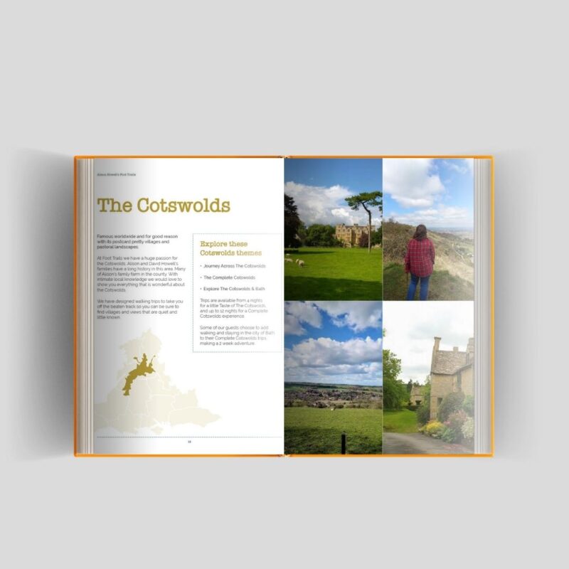 Inside pages of the 2025 Foot Trails brochure showing the Cotswolds page