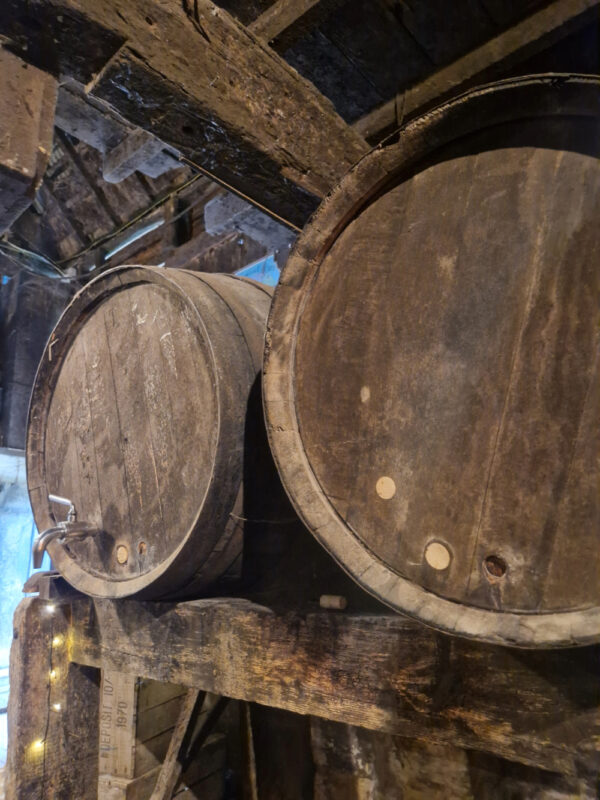 Old barrels at Burrow Hill Farm cider shop