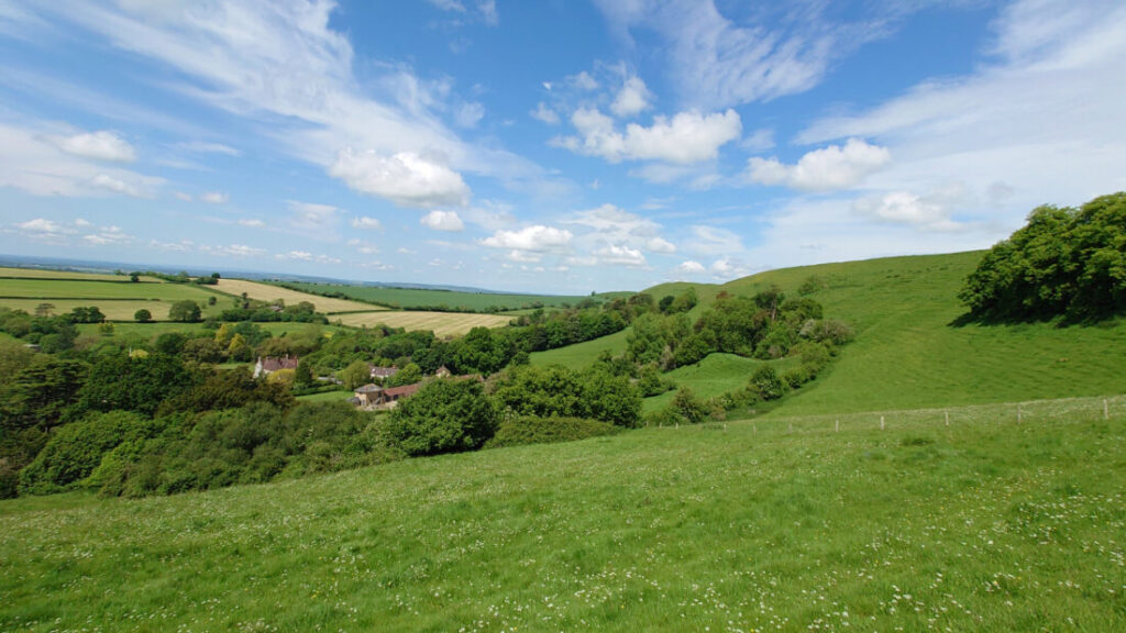 View of green, rolling Wessex landscape in summer