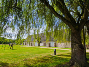 Tithe barn with a willow tree in the foreground on a bright summer's day