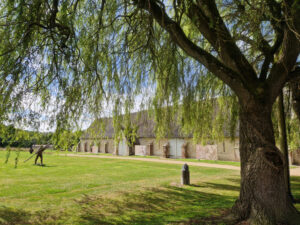 Tithe barn with willow tree in the foreground