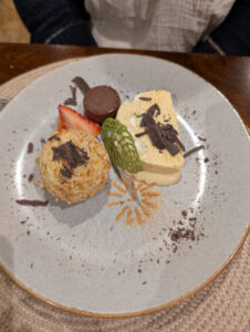 A delicious dessert artistically arranged on a plate