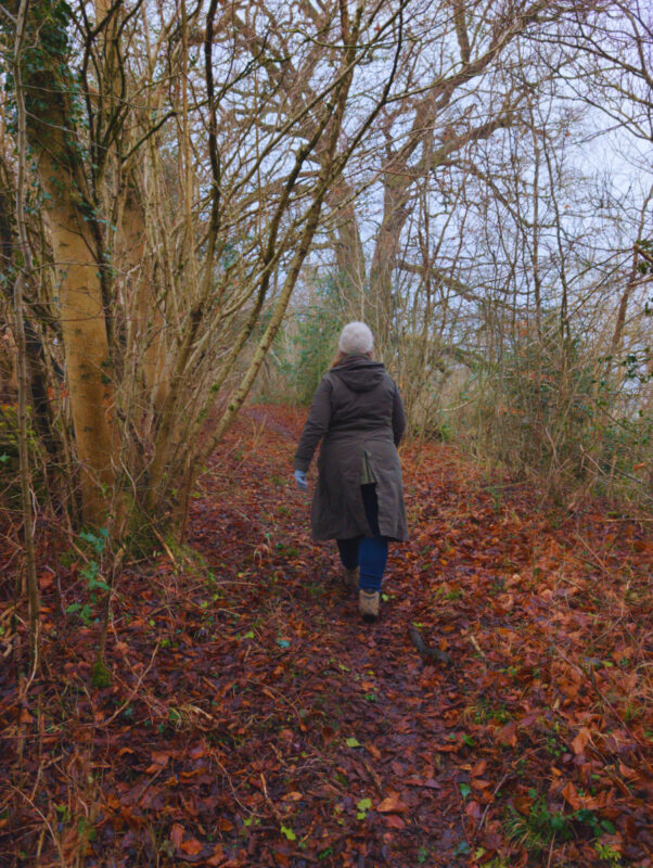 A person walking through woods in the Cotswolds in winter