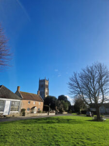 Village green with a leafless tree and the village church in the background