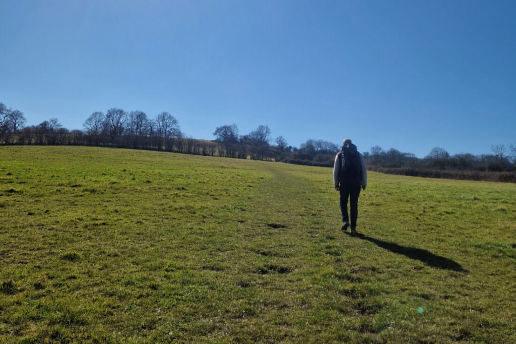 Person walking up a field. There are trees on the horizon and the sun is shining in a cloudless sky.