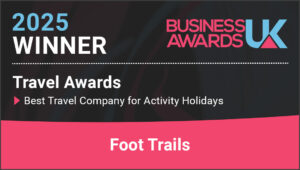 Certificate showing that Foot Trails has won the 2025 Business Travel Award in the category 'Best Travel Company for Activity Holidays'