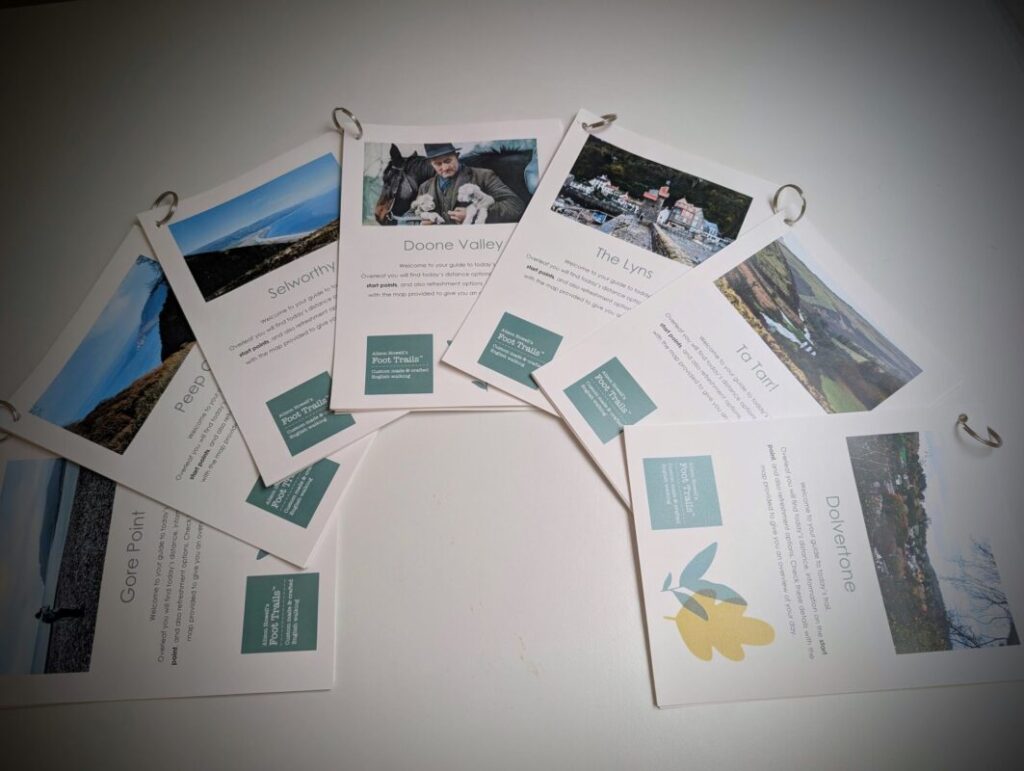 Seven brochures spread out on a table