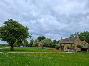 A Cotswolds village green with a stone cottage on the right and a horse chestnut tree in blossom to the left