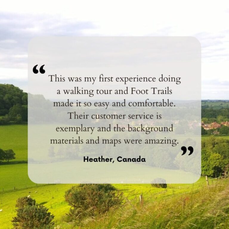 Text showing a glowing review from a Foot Trails guest. In the background, is an image of rolling fields and and trees stretching off ito the distance.