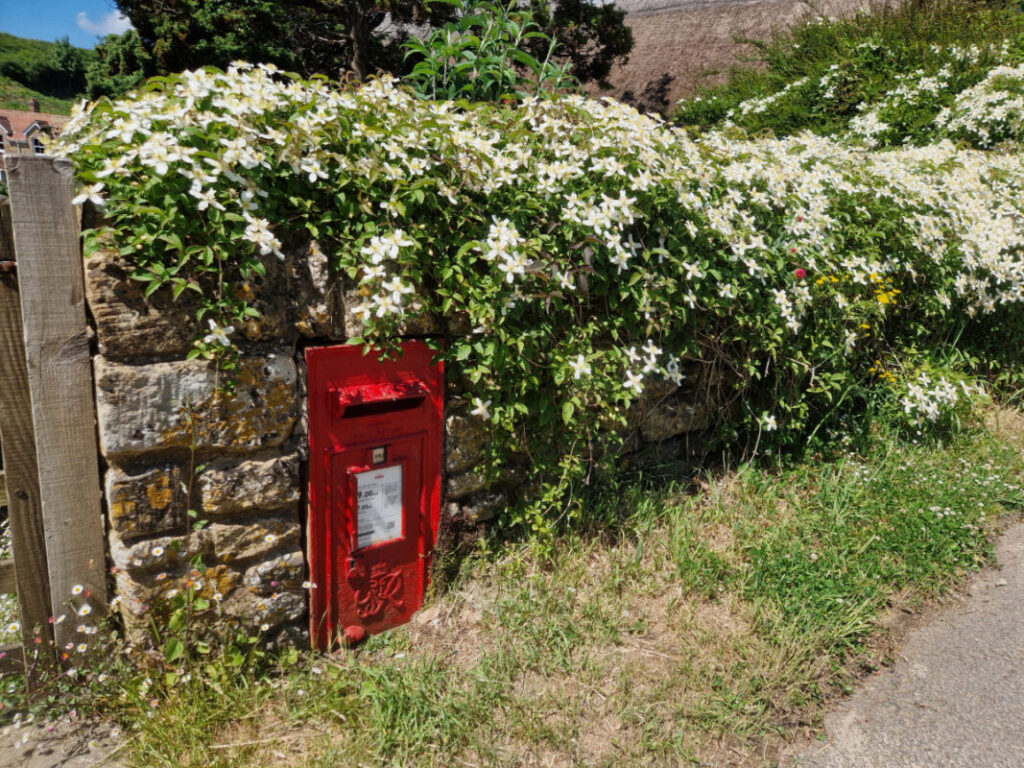 Traditional red post box set into a drystone wall with flowers tumbling over the top of the wall.