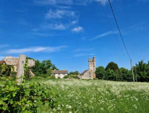 View of a field full of wildflowers with a footpath sign to the left and a church in the background.