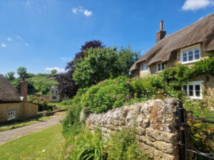 Thatched cottage behind an old stone wall in a village