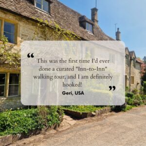 Written guest testimonial with an image of Cotswolds cottages in the background