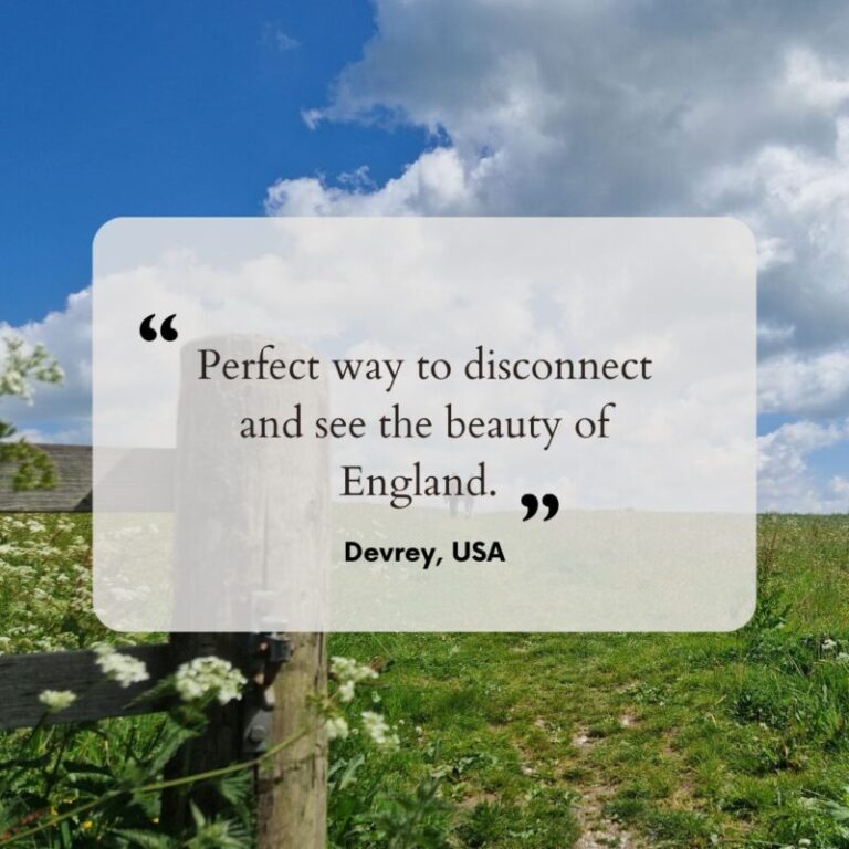 Guest testimonial with image of a field and gate in the background.