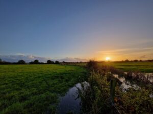 Sunset over a field with a river running through it