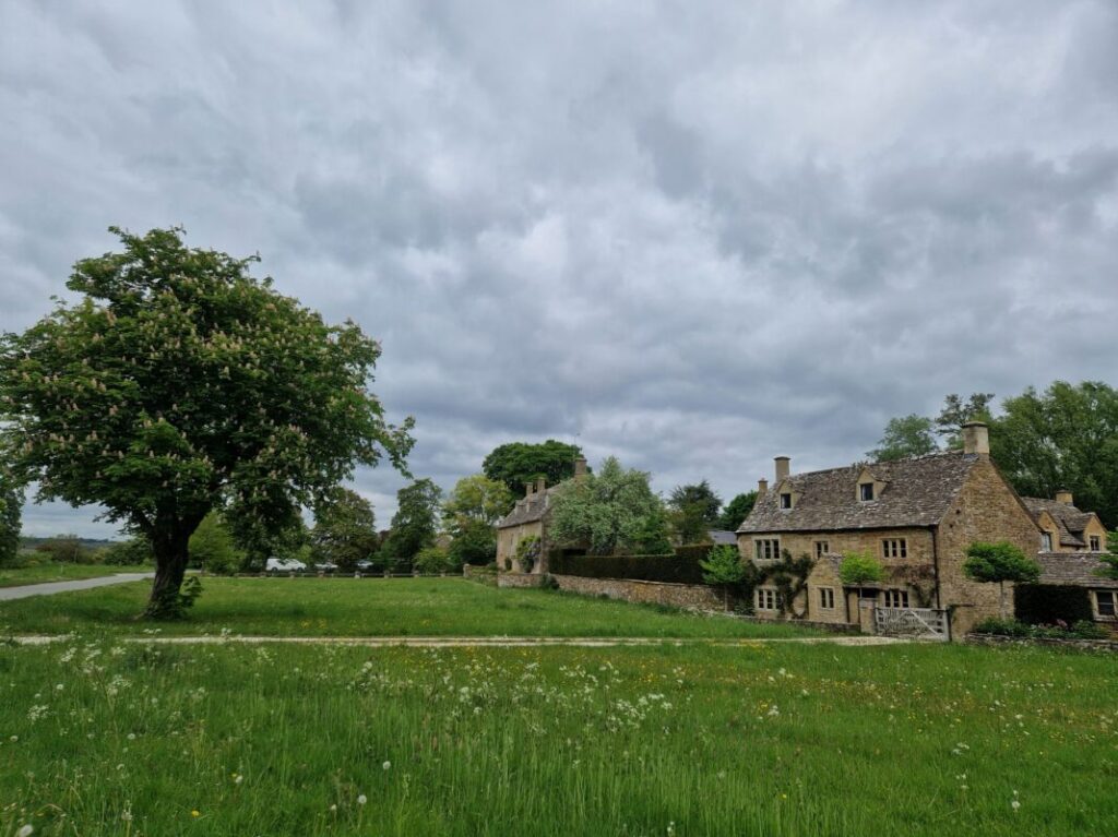 A classic Cotswolds stone cottage with a green and a horse chestnut tree in front.