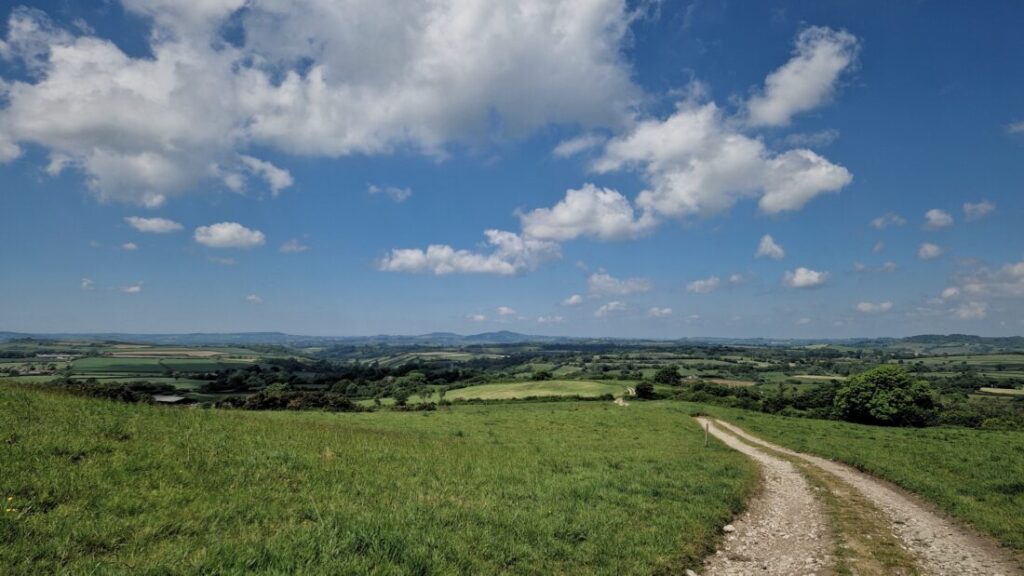 A dirt track stretching off into the distance over green fields