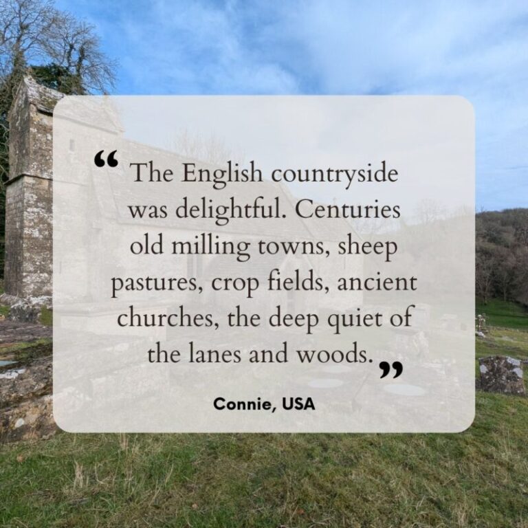 Guest testimonial against the backdrop of an old church yard