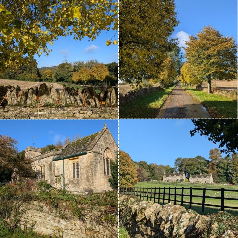 A montage of four pictures showing the Cotswolds countryside in autumn