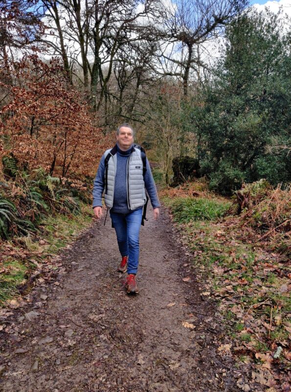 A person walking down a track surrounded by autumnal trees