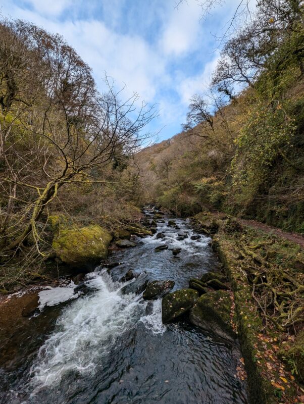 A river flowing through an autumnal, tree-lined valley with a footpath on the right