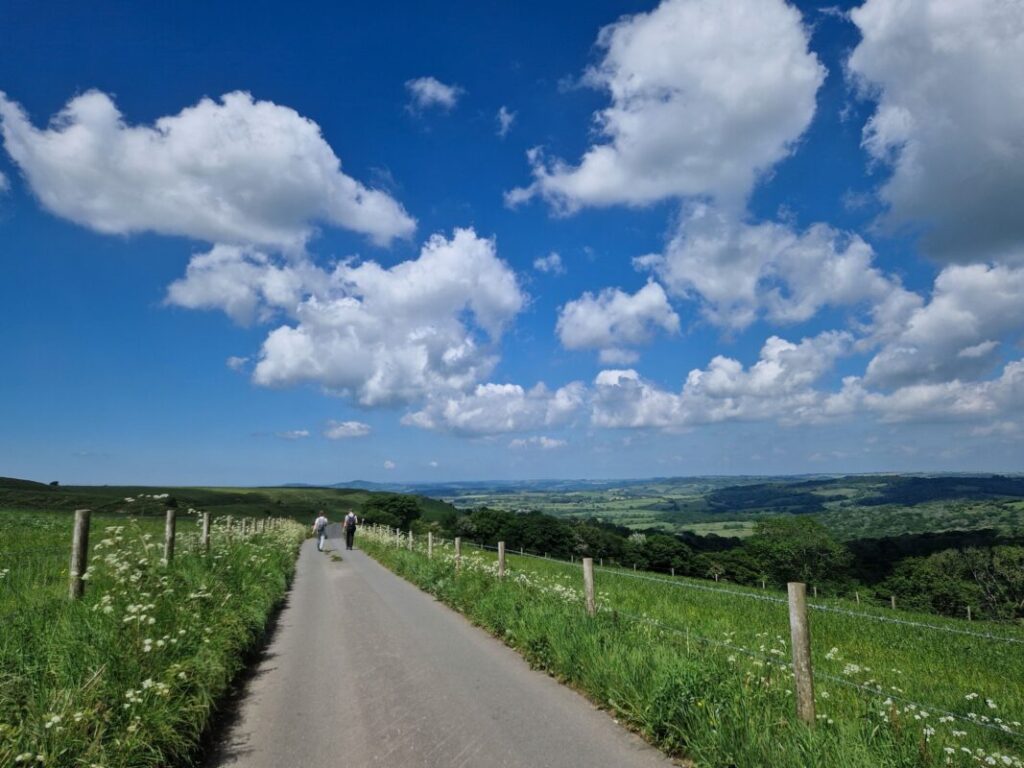 Two -people walking down a country road with green fields either side.
