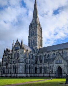 Salisbury cathedral up close with the spire reaching into the sky