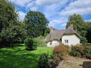 Traditional thatched cottage surrounded by a large garden and trees.