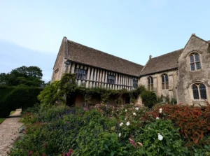 A half timbered Tudor manor house with shrubs in front and a stone path to the side