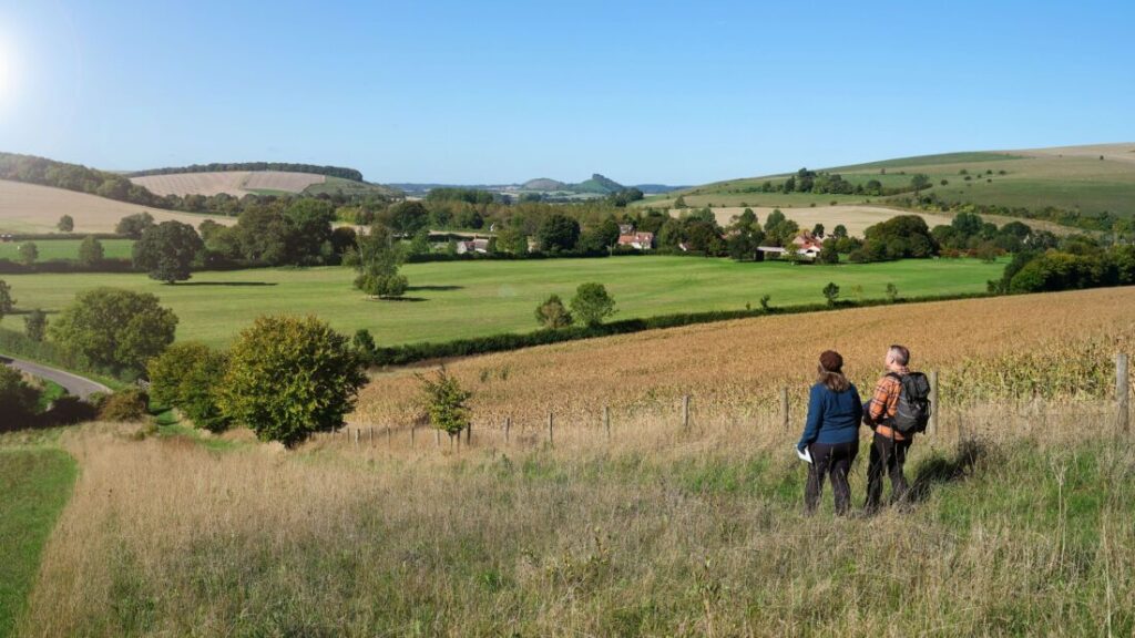 Photo of Alison & David Howell standing on a small hill, the countryside rolling away into the distance