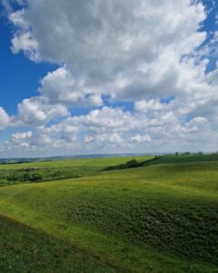 View across rolling green countryside from a hill. There are white fluffy clouds in the bright blue sky.