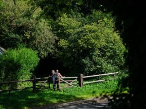 Two hikers walking through a wooden gate into trees.