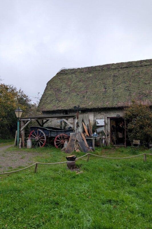 An old thatched agricultural barn with moss on the thatch and an old waggon under a lean-to in front.