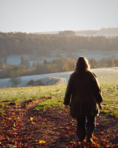 Image of a walker from behind looking out into a wintery landscape bathed in golden sunlight.