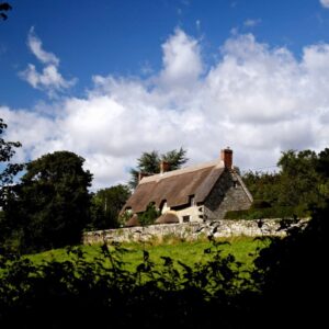 A traditional thatched cottage behind an old stone wall