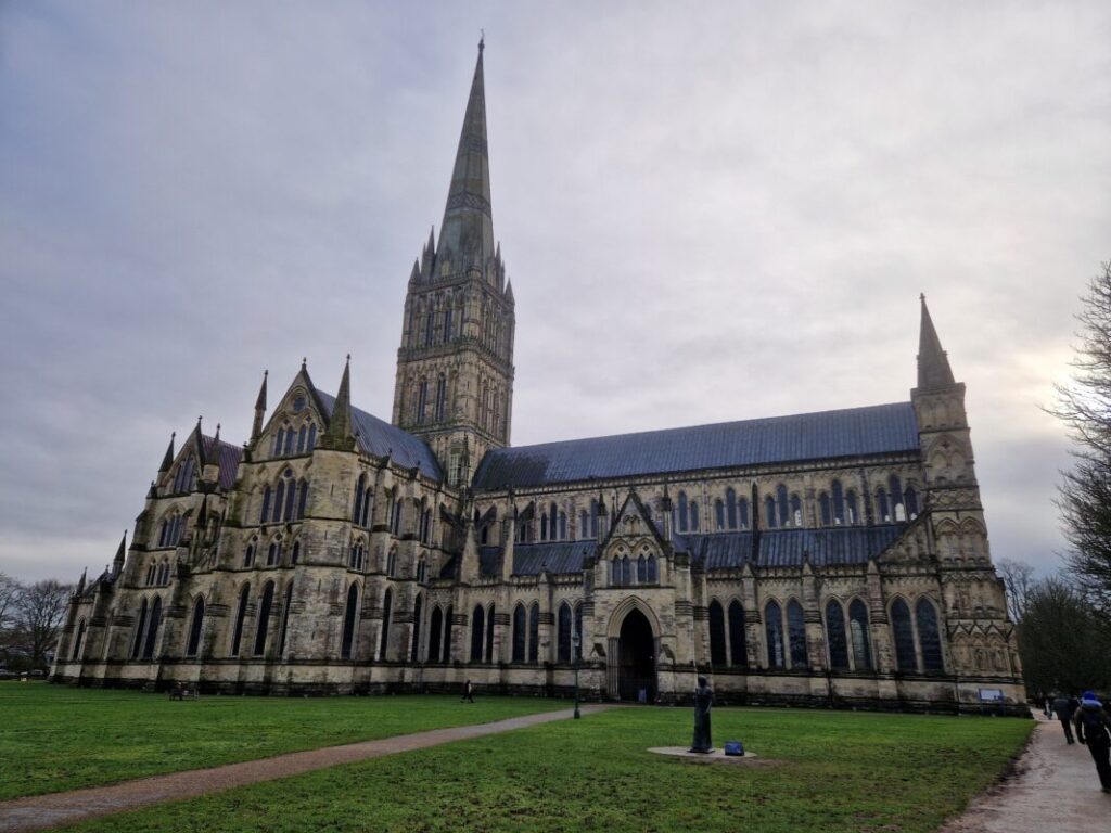 Salisbury Cathedral from the front on a winter's day.