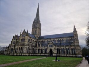 Salisbury Cathedral from the front on a winter's day.