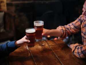 Two pints of beer on a Foot Trails hiking and walking trip in England