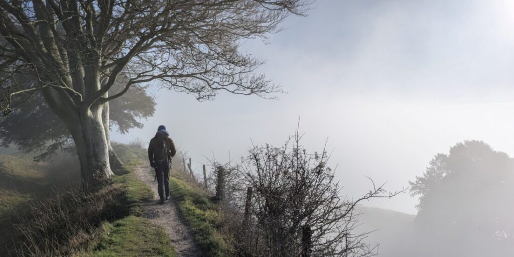 A lone figure walks along a ridge next to a tree. The sun is shining but there is mist on the ground.