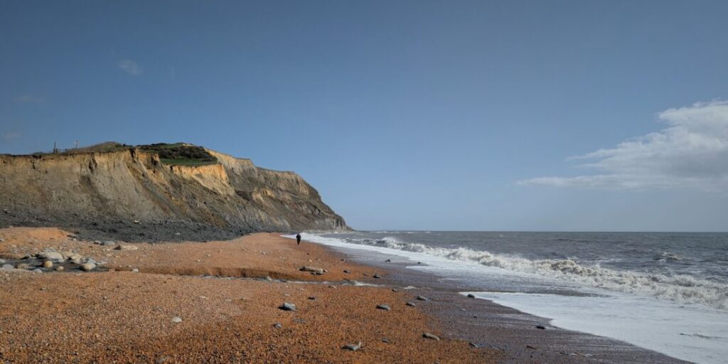 View of the highest cliff on the Jurassic Coast from the sea's edge.