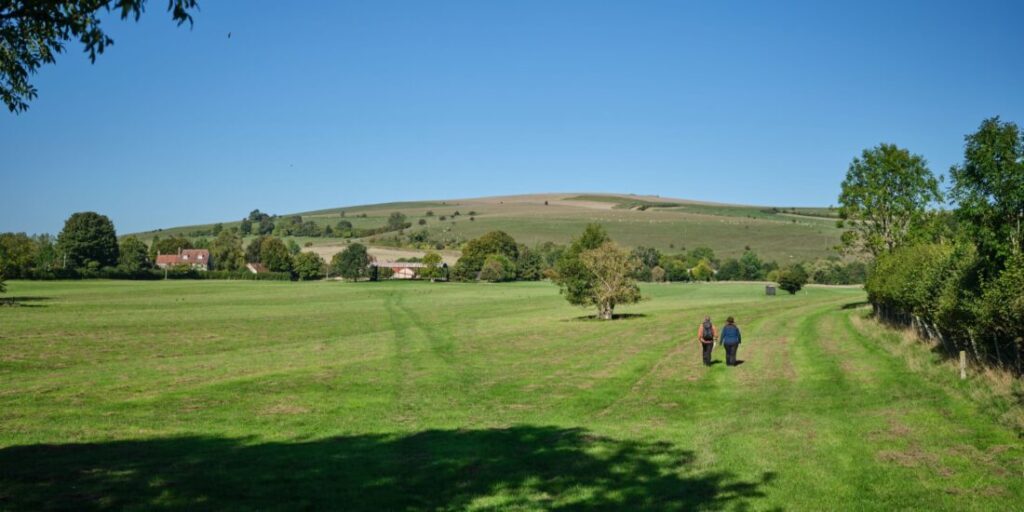 Two hikers are walking off into the distance surrounded by undulating fields.