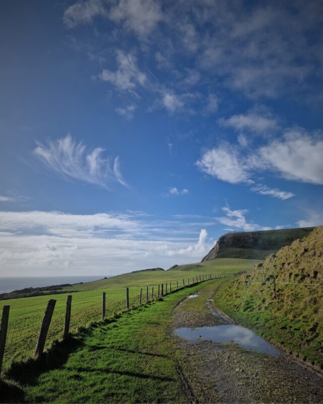 A footpath on the coast with cliff stretching off into the distance on the left and the sea to the right.