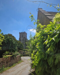 View down a village lane with a cottage on the right and a church tower in the distance.