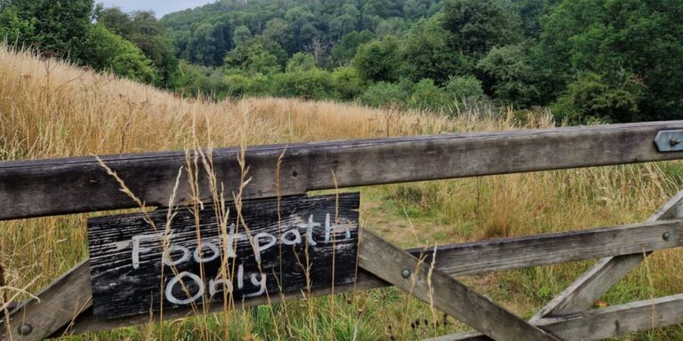 An old wooden farm gate in front of a field of long grass. A sign saying 'footpath only' is attached to the gate.