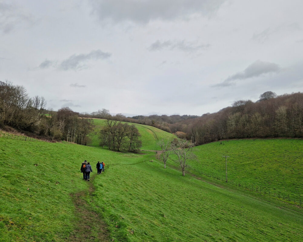 The Foot Trails team walking down hill into a green valley with tress in the distance.