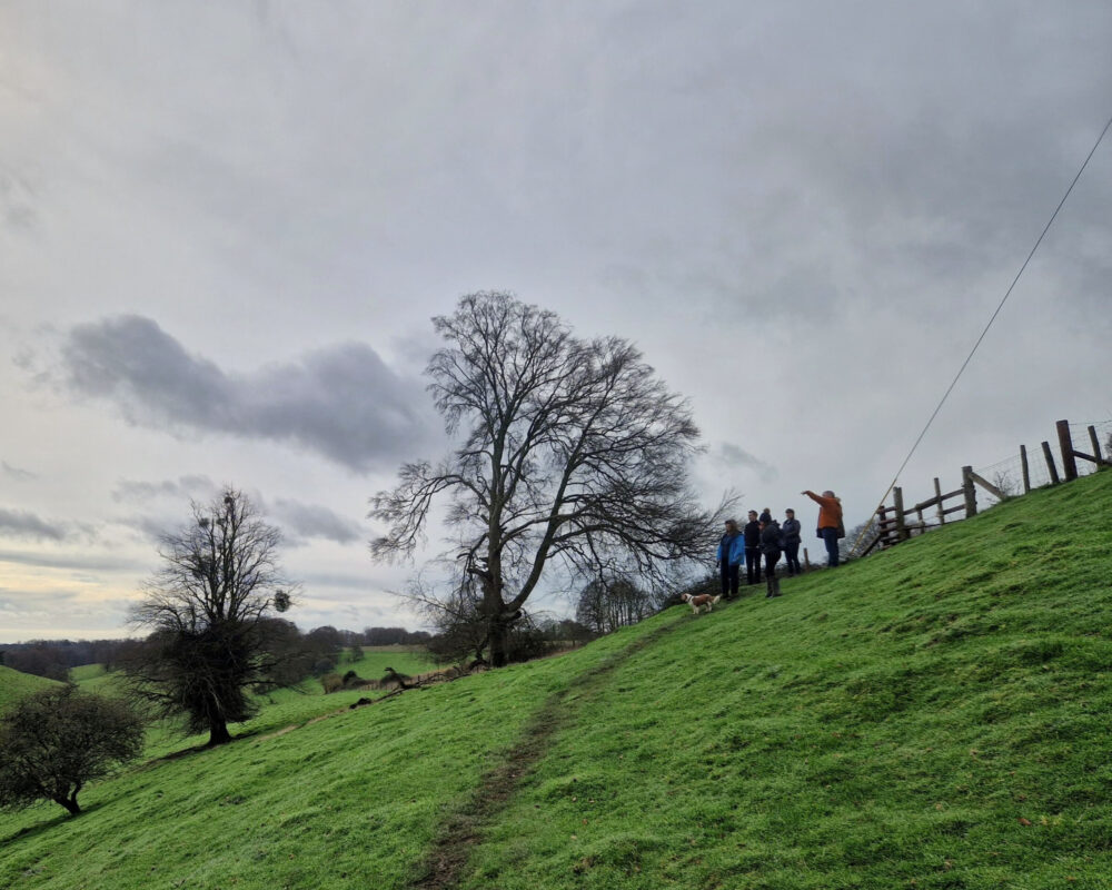 The Foot Trails team at the top of a field looking out into a valley.