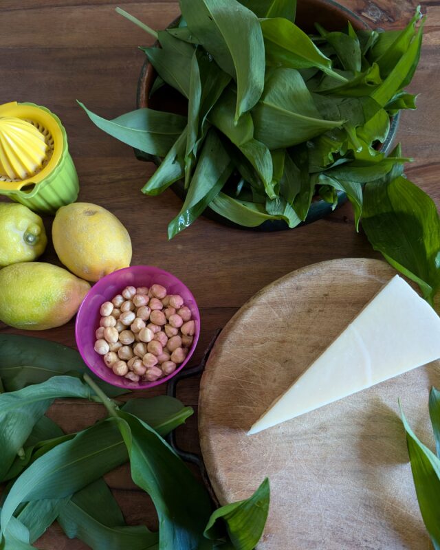 View of ingredients for making wild garlic pesto; lemons, wild garlic leaves, hazelnuts and cheese on a wooden chopping board.