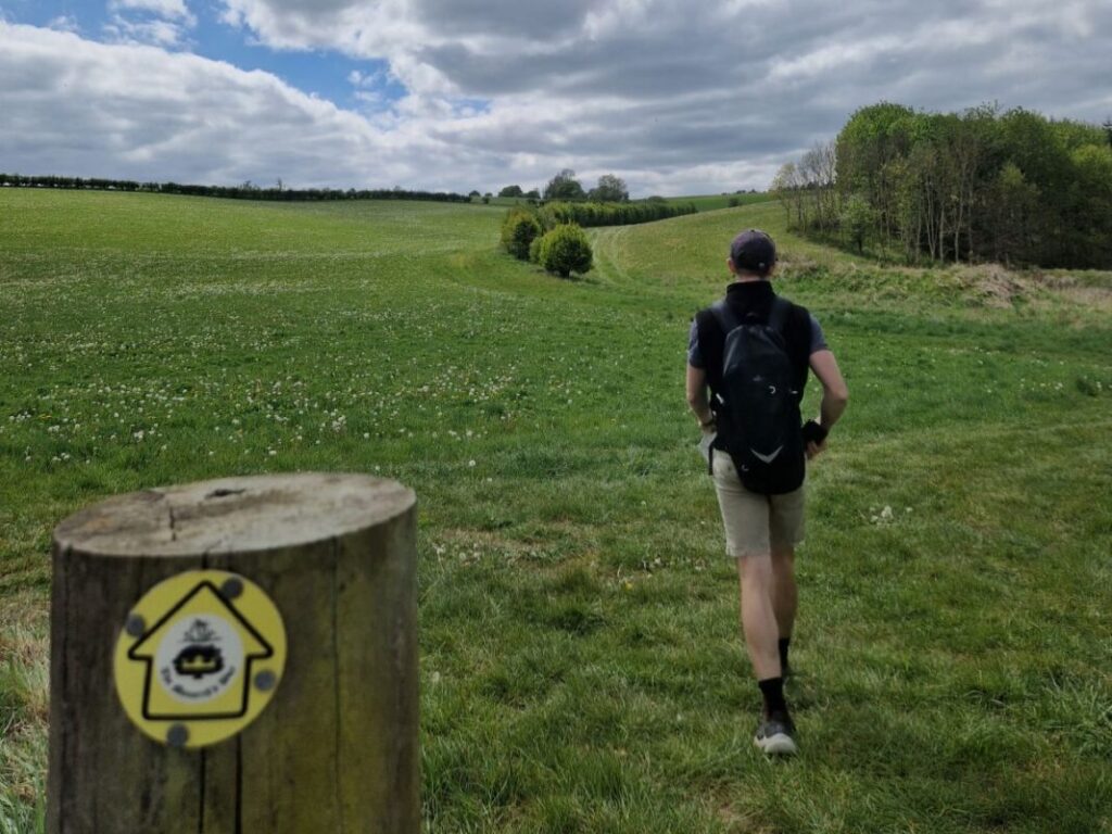 A hiker is walking over a field into the distance. A wooden waymarker is positioned in the bottom left corner.
