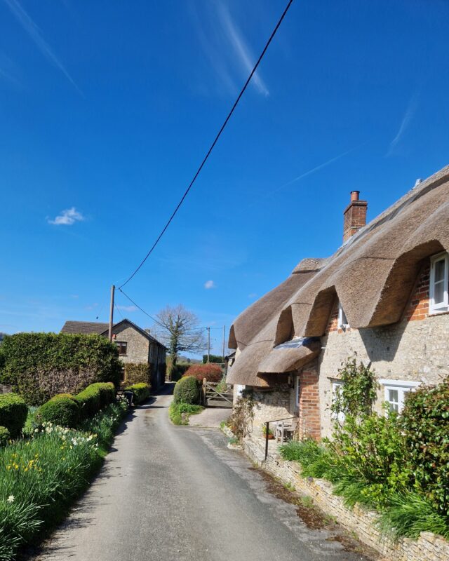 View of a quiet country lane with old stone and thatch cottages lining the right side of the lane.